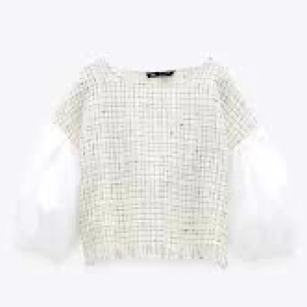 Zara Contrast Textured Tweed and Poplin Top. Size XS